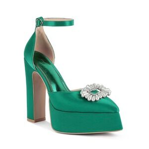 Emerald Green Satin Platform Pumps Pearl Buckle Ankle Strap Block HeelPointedToe